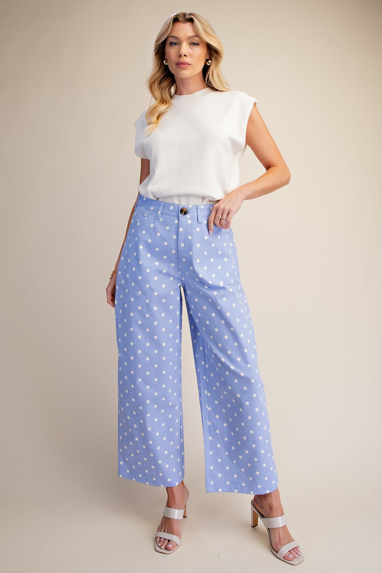 Pantalones casuales y talle alto de pierna ancha con lunares